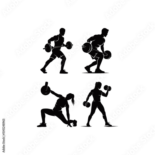black vector white background modern silhouette gym, sport, healthy strong man woman