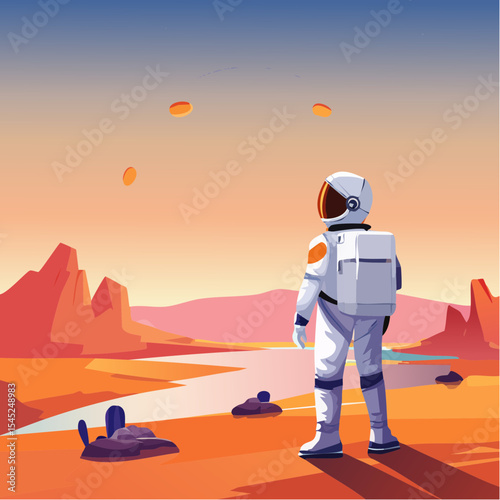 Astronaut Contemplating a Vibrant Sunset Over a Calm Body of desert land