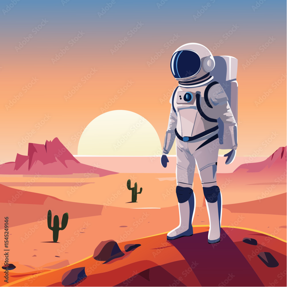 Obraz premium Astronaut Contemplating a Vibrant Sunset Over a Calm Body of desert land