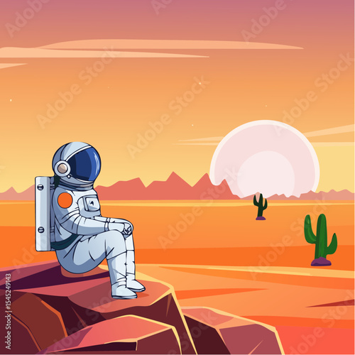 Astronaut Contemplating a Vibrant Sunset Over a Calm Body of desert land