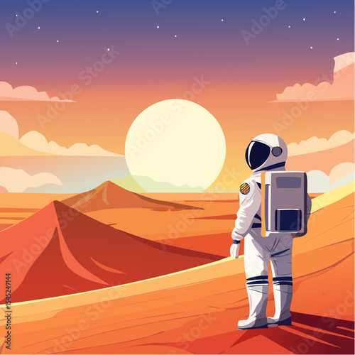 Astronaut Contemplating a Vibrant Sunset Over a Calm Body of desert land