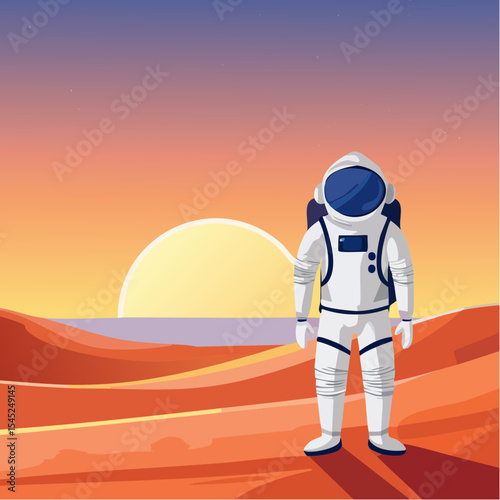 Astronaut Contemplating a Vibrant Sunset Over a Calm Body of desert land