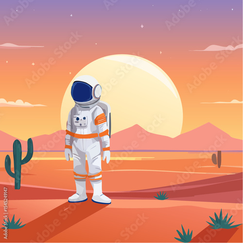 Astronaut Contemplating a Vibrant Sunset Over a Calm Body of desert land