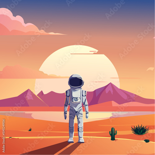 Astronaut Contemplating a Vibrant Sunset Over a Calm Body of desert land