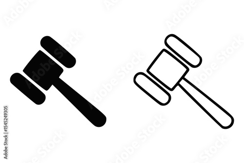Two Gavel Icons, Black and Line Art