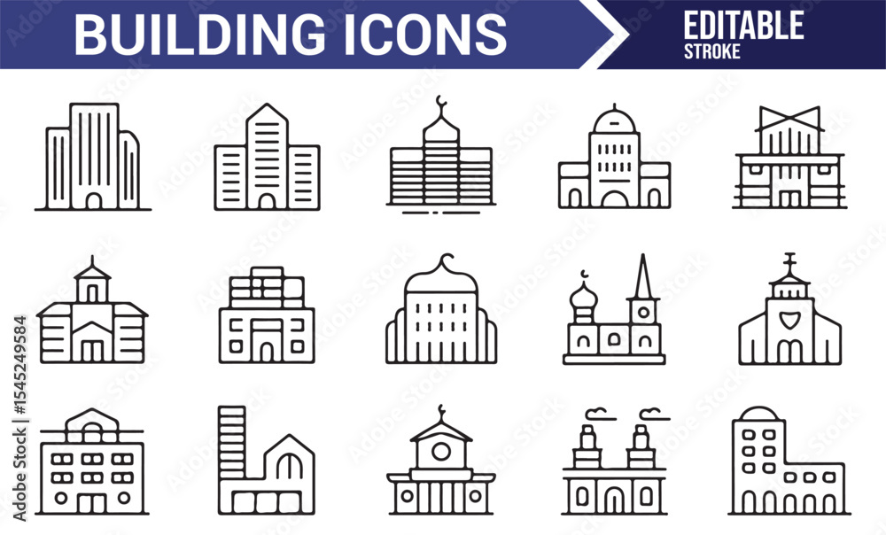 Obraz premium Set of Skyscraper, Office, and Church Icons