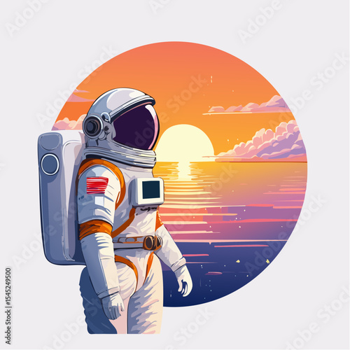 Astronaut Contemplating a Vibrant Sunset Over a Calm Body of desert land