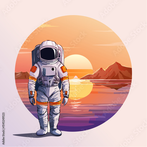 Astronaut Contemplating a Vibrant Sunset Over a Calm Body of desert land