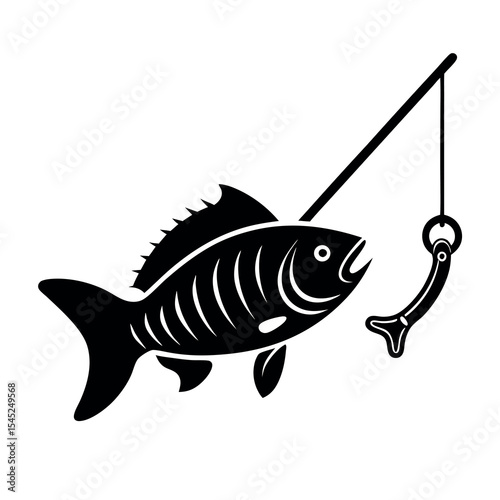 Single line art icon of fish and fishing rod