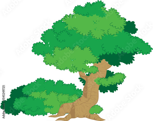 Majestic Tree Illustration: A stylized illustration showcases a lush tree, its branches overflowing with vibrant green foliage, standing prominently against the backdrop of nature's embrace.