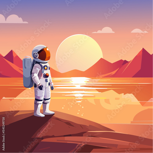 Astronaut Contemplating a Vibrant Sunset Over a Calm Body of desert land