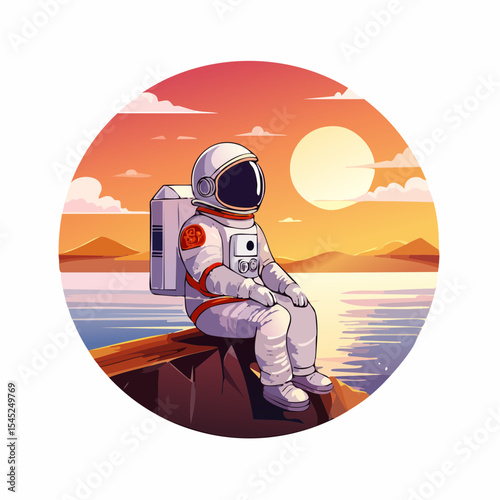 Astronaut Contemplating a Vibrant Sunset Over a Calm Body of desert land