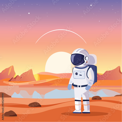 Astronaut Contemplating a Vibrant Sunset Over a Calm Body of desert land