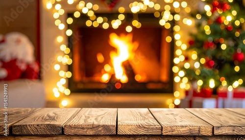 Rustic wooden table with Christmas fireplace.