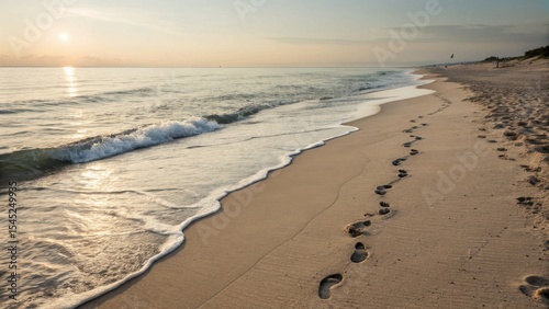 Traces of footsteps on sandy beach at sunset with gentle waves  