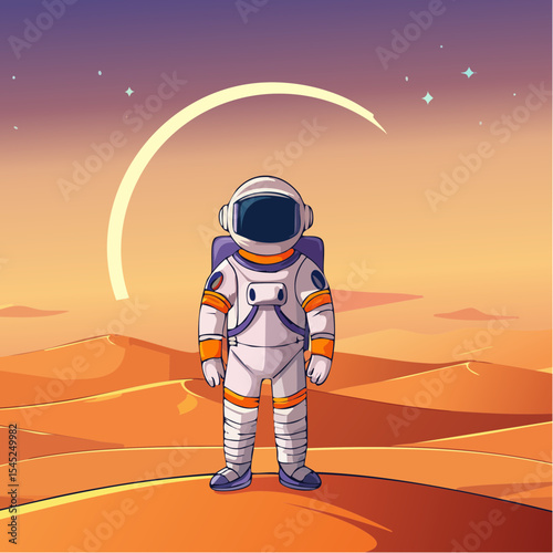 Astronaut Contemplating a Vibrant Sunset Over a Calm Body of desert land