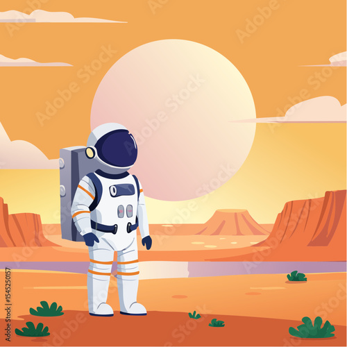 Astronaut Contemplating a Vibrant Sunset Over a Calm Body of desert land