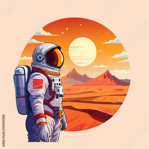 Astronaut Contemplating a Vibrant Sunset Over a Calm Body of desert land