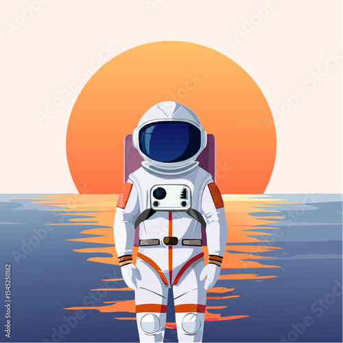 Astronaut Contemplating a Vibrant Sunset Over a Calm Body of desert land