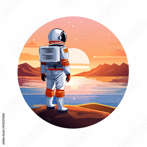 Astronaut Contemplating a Vibrant Sunset Over a Calm Body of desert land