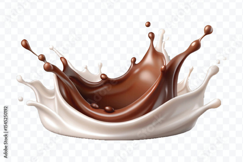 abstract 3d smooth liquid chocolate with white milk splash in crown style isolated on transparent background	
