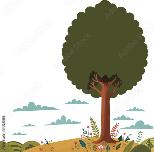 Smiling Tree on Hill: A stylized illustration of a happy, cartoonish tree standing proudly on a small hill, surrounded by vibrant wildflowers and fluffy clouds.