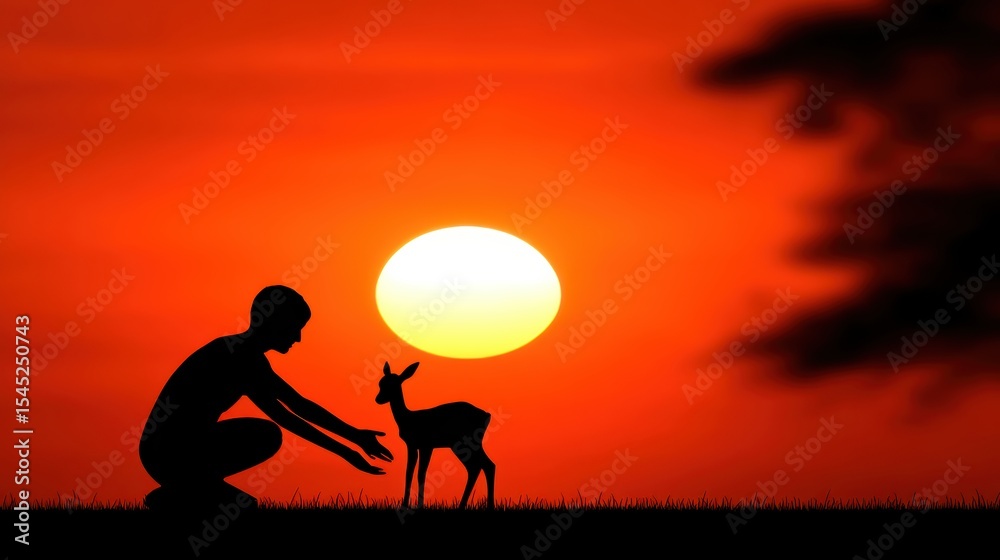 Obraz premium A silhouette of a person reaching out to a small deer against a vibrant orange sunset sky.