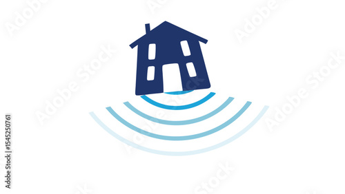 A tilted house with a chimney and windows above curved lines of light blue on a white background