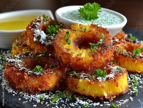 a plate of fried pineapple rings garnished with parsley and coconut flakes, accompanied by two dips: one in a blue bowl and another in a wooden bowl. The plate is set on a woven placemat.