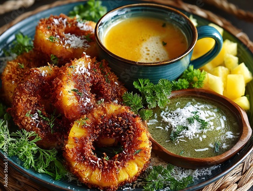 a plate of fried pineapple rings garnished with parsley and coconut flakes, accompanied by two dips: one in a blue bowl and another in a wooden bowl. The plate is set on a woven placemat.