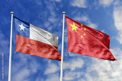 Photography Flags of Chile and China Waving Together Against a Blue Sky, Symbolizing Interna