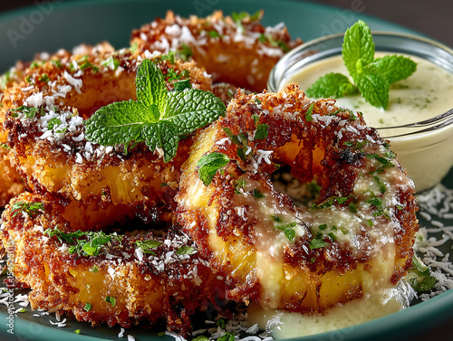 a plate of fried pineapple rings garnished with parsley and coconut flakes, accompanied by two dips: one in a blue bowl and another in a wooden bowl. The plate is set on a woven placemat.