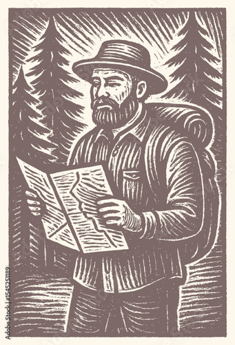 Brown color engraving of a bearded traveler holding a map under pine trees, woodcut style brush stroke design on a postal stamp card, vintage rustic illustration with detailed line art