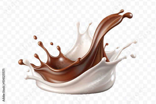 abstract 3d smooth liquid chocolate with white milk splash in crown style isolated on transparent background	
