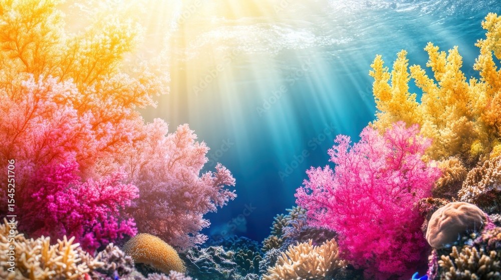 Fototapeta premium Vibrant Underwater Scene with Colorful Coral and Sunlight Rays