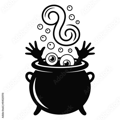 Cartoon cauldron with spooky bubbles, hands and eyeballs peeking out for Halloween design