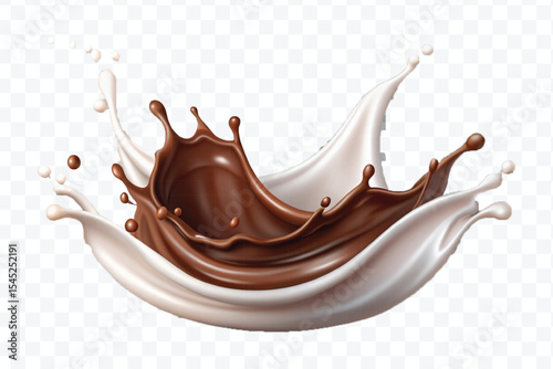 abstract 3d smooth liquid chocolate with white milk splash in crown style isolated on transparent background	
