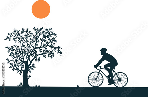 Cyclist's Journey under the Sun: A cyclist silhouetted against a warm, minimalist backdrop, gracefully pedals past a stylized tree under the radiant sun.