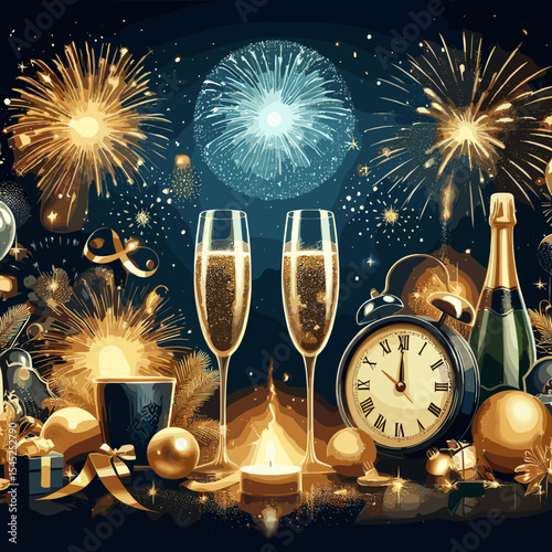 Festive New Year's celebration scene with fireworks, champagne glasses, and colorful decorations