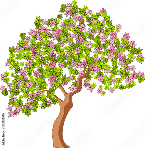 Blossoming Spring Tree: The image showcases a tree filled with vibrant pink blossoms and lush green leaves, celebrating the season of growth, renewal and the beauty of springtime.