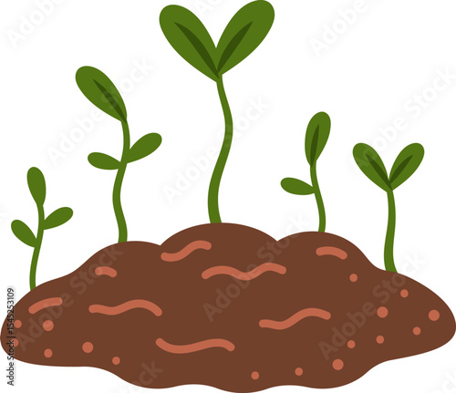 Sprouting Seedlings: Vibrant, hand-drawn illustration of several green seedlings emerging from rich brown soil, symbolizing growth, new beginnings, and the power of nature.