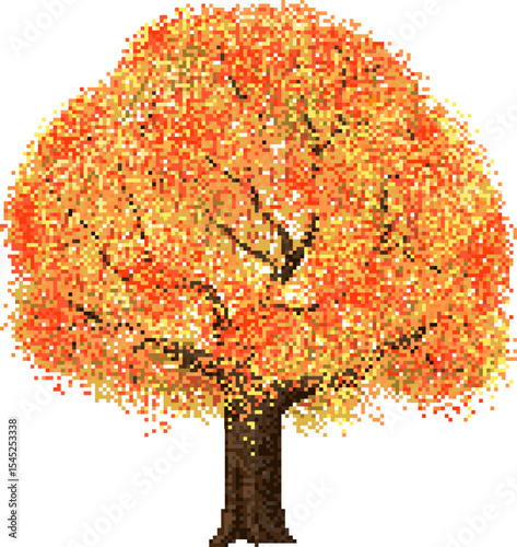 Autumn Canopy: A pixelated illustration of an autumn tree ablaze with vibrant orange and yellow leaves, capturing the essence of the season's beauty.
