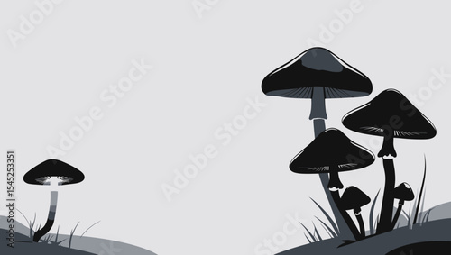 Stylized black and white mushrooms on a light background, minimalist design 