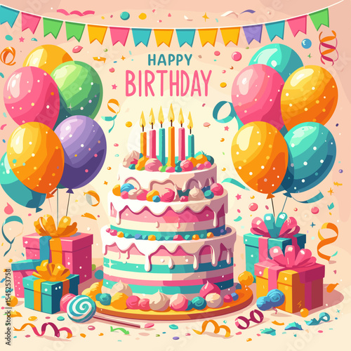 Festive birthday cake with candles, balloons, and presents in a colorful celebration scene