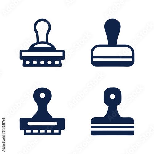 Collection of Four Dark Blue Rubber Stamps Isolated on White Background Different Styles and Designs Office