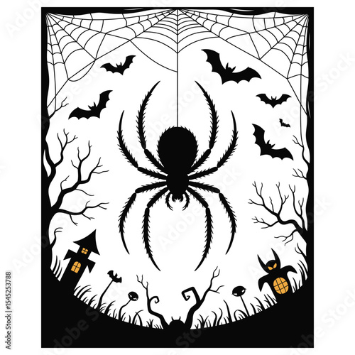 Creepy spider crawling on web silhouette with bats for spooky halloween posters or t-shirts