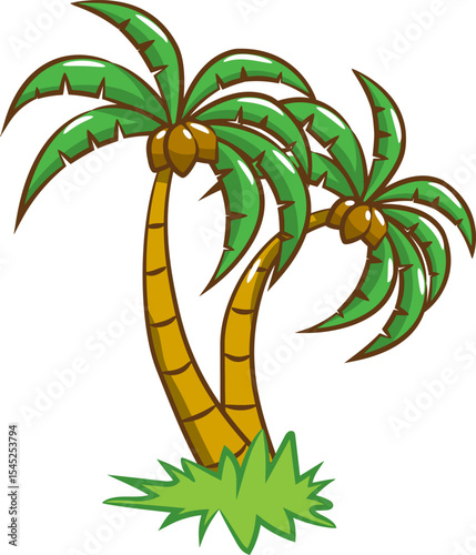 Tropical Palm Oasis: Capture the essence of a tropical paradise with this vibrant illustration of two lush palm trees. Their green fronds sway gently in the breeze, casting a relaxing vibe