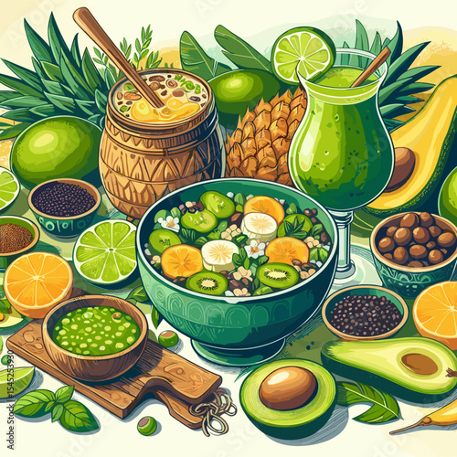 Colorful tropical smoothie bowl with fresh fruits and ingredients, vibrant health-focused arrangement