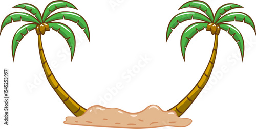 Tropical Paradise: Two palm trees gently curve towards each other, embracing a small stretch of sandy beach, creating a serene and idyllic tropical scene.