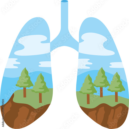 Breathe of Nature: A unique illustration features a stylized pair of lungs, with the interior of each lobe showcasing a vibrant landscape with trees, mountains, and sky.